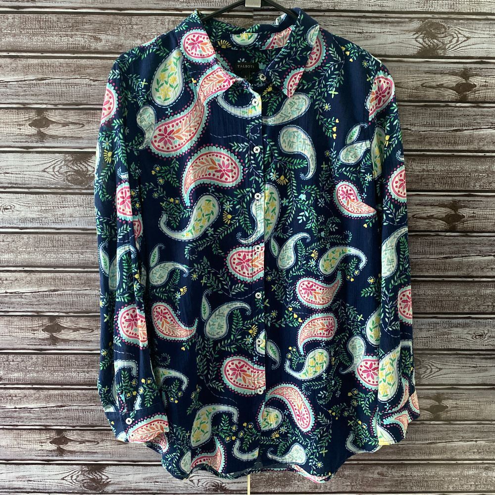 Talbots Women's Long-Sleeved Button-Down Top Size L Blue Paisley Lightweight